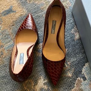 Prada brown alligator patterned four inch heels. Purchased 2018 Fall. Worn 1-2xs